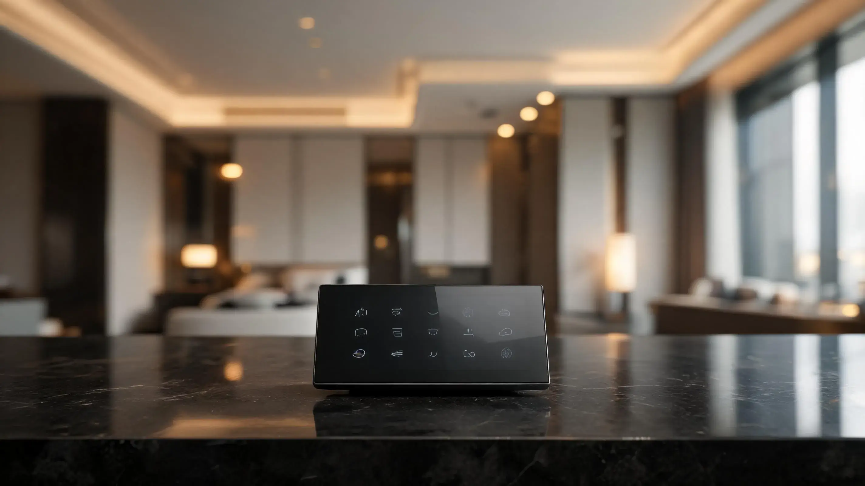 Modern smart hotel technology with AI automation, IoT room controls, and digital hospitality systems